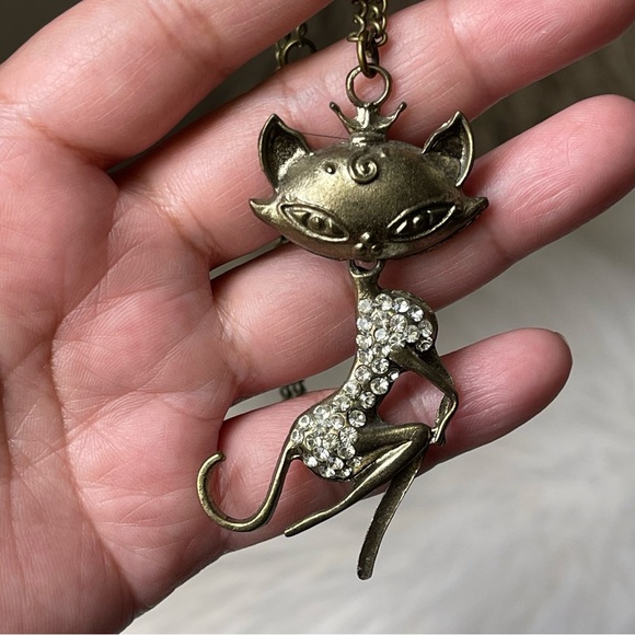 Pendant Only | Vintage | Brass Crowned Cat Lady In Rhinestone Dress 2.5" Tall - Picture 7 of 9